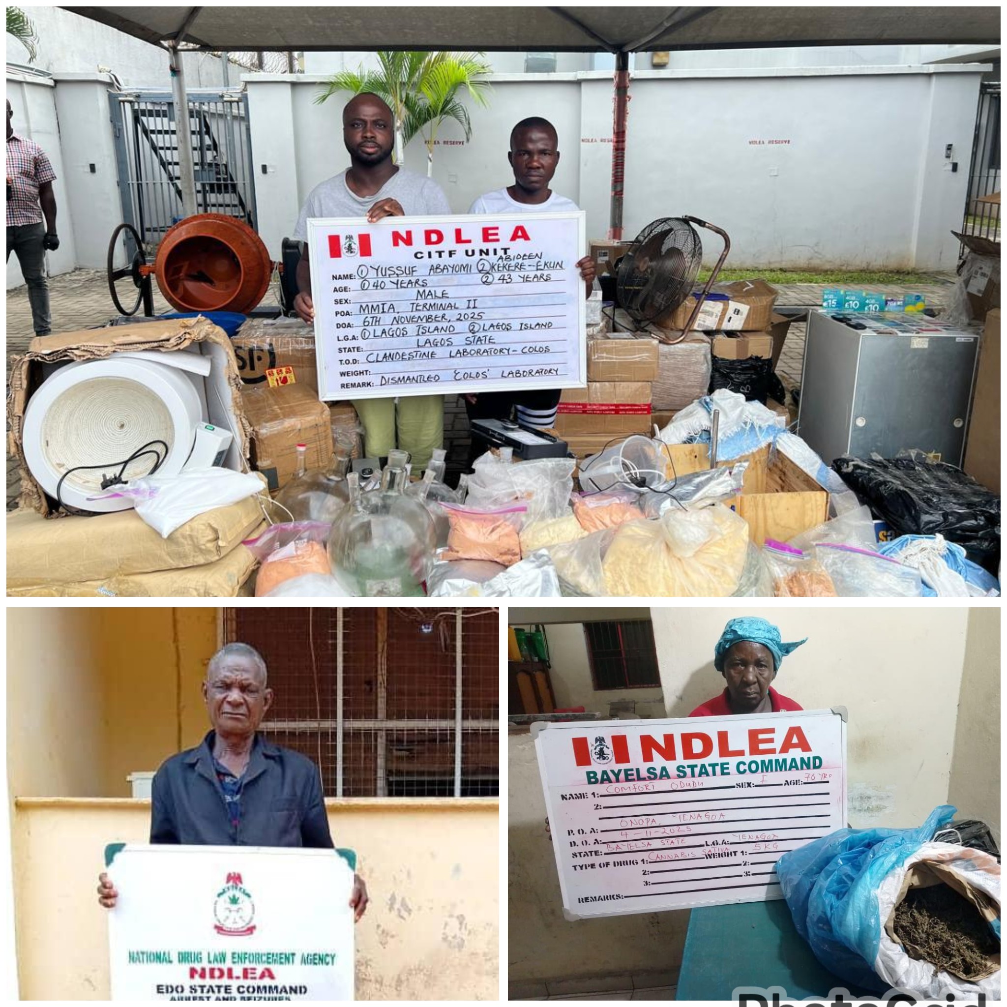 NDLEA arrests wanted drug lord on his way to Saudi Arabia, raids his clandestine colos lab in Lagos, dismantles laboratory, recovers 148.3kg Colorado, precursors ..nabs 73-yr-old grandpa, 70-yr-old grandma in Edo, Bayelsa